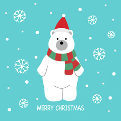 Cute bear wearing Santa Claus hat and scarf with snowflakes on background. Merry Christmas concept vector illustration.