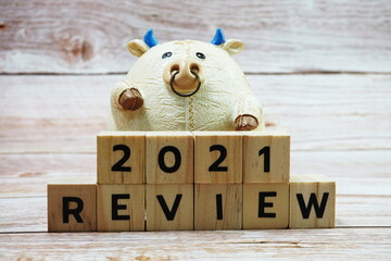 REVIEW 2021 alphabet letter on wooden background