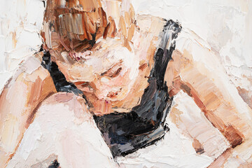 A fragment of the picture, where a young ballerina in light tutus prepares for performances. The background is white. Oil painting on canvas..