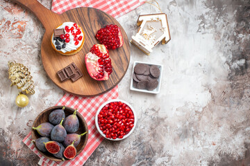 top view yummy cakes with fresh fruits on light background dessert cake color biscuit sweet free space