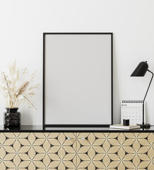 mockup poster frame in modern interior with white wall, table lamp, calendar and golden print chest of drawers, home office cabinet interior, 3d rendering