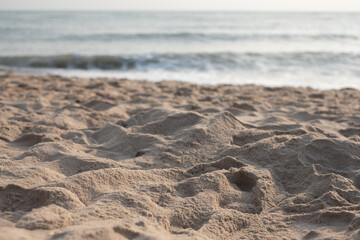 Bumpy tropical sandy beach with blurry blue ocean and sky.