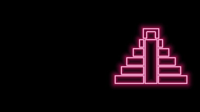 Glowing neon line Chichen Itza in Mayan icon isolated on black background. Ancient Mayan pyramid. Famous monument of Mexico. 4K Video motion graphic animation