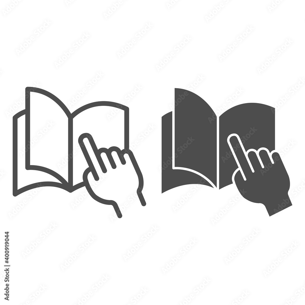 Poster palm points to a page in a notebook line and solid icon, concept, education open book with hand poin