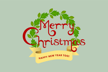 Merry Christmas text decorated with golden ribbon and a wreath on grey background. Christmas wreath symbolizes eternal presence of gold (no beginning no end). It also means eternal life through Jesus.