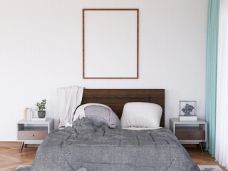 Blank Photo Frame Realistic Mockup in the Bedroom. 3D Rendering, 3D illustration.