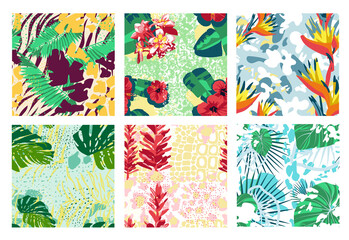 Tropical plants seamless pattern set. Beautiful, Exotic leaves and flowers repeating print. Backdrop, wallpaper, packaging, textile botanical design vector illustration