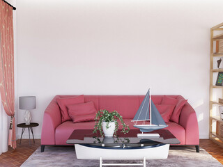 Interior Living Room Wall Realistic Mockup. 3D Rendering, 3D illustration.
