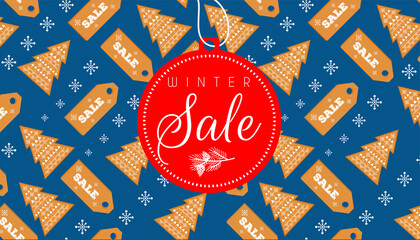 Vector horizontal banner on the theme - Winter Sale. Red label in the form of a new year's ball on a blue background. Gingerbread in the form of Christmas trees, snowflakes and inscriptions sale. Read