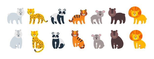 Wild amimals set. Leopard, lion, tiger, bear, panda and koala isolated in white background. Vector illustration in flat style © liu_miu