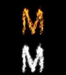 Fototapeta premium 3D illustration of the letter m on fire with alpha layer