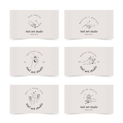 Nail art studio business card template. Modern design for beauty center, spa salon, manicure and pedicure bar. Linear vector illustration on gray background.