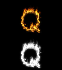 3D illustration of the letter q on fire with alpha layer