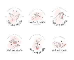 Vector logotype design for nail art studio. Modern design for manicure and pedicure salon beauty and spa center. Linear collection isolated on white background. - obrazy, fototapety, plakaty