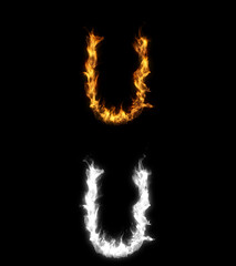 3D illustration of the letter u on fire with alpha layer