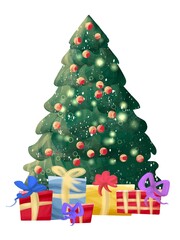 Decorated Christmas tree with balls, gift boxes and beaded garland. New Year and Merry Christmas greeting card, poster.