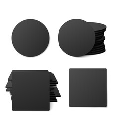 Black round and square table coasters, realistic vector illustration isolated.