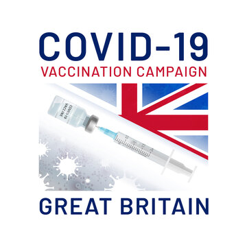 Covid-19 Vaccination Campaign In The United Kingdom. Vaccine Drawn Syringe From Ampoule On The Background Of Coronavirus Cells And UK Flag. Concept Of Combating Coronavirus Pandemic