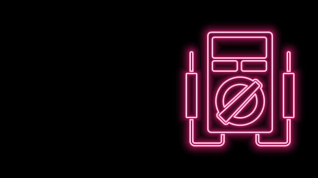 Glowing neon line Ampere meter, multimeter, voltmeter icon isolated on black background. Instruments for measurement of electric current. 4K Video motion graphic animation