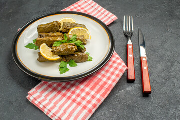 bottom view stuffed grape leaves on white plate knife and fork and napkin on dark background