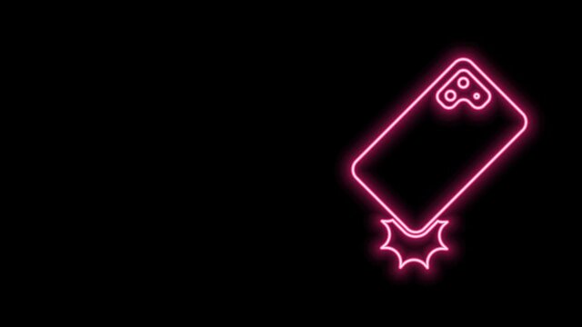 Glowing neon line Shockproof mobile phone icon isolated on black background. 4K Video motion graphic animation