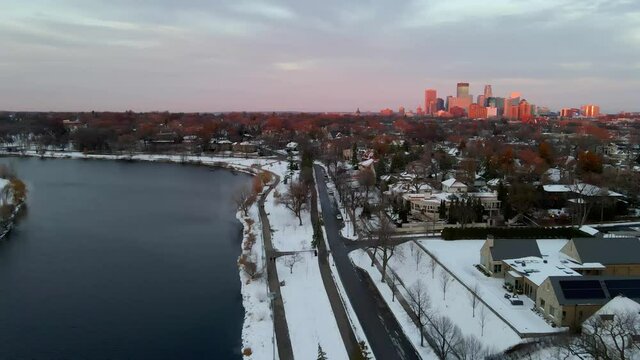minneapolis downtown aerial view seen from the suburbs during winter season