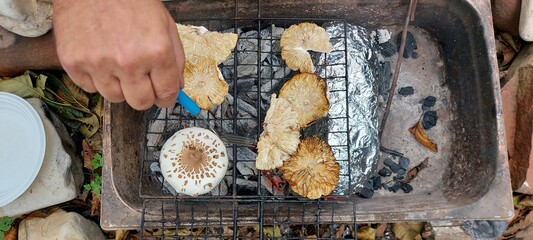 The hand of a white man frying mushrooms on a barbecue in the forest. Camping, lunch, vacation, vacation.