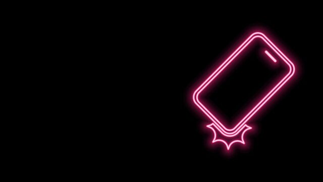 Glowing neon line Shockproof mobile phone icon isolated on black background. 4K Video motion graphic animation