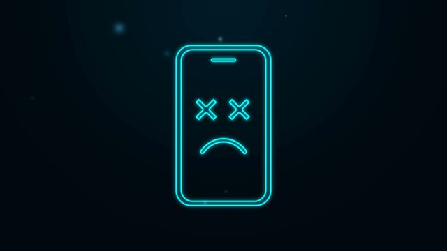 Glowing neon line Dead mobile icon isolated on black background. Deceased digital device emoji symbol. Corpse smartphone showing facial emotion. 4K Video motion graphic animation