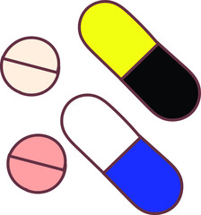 Medicinal tablets. Set of oval, round and capsules tablets of different colors.