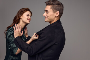 Upset woman jacket men aggression irritability conflict