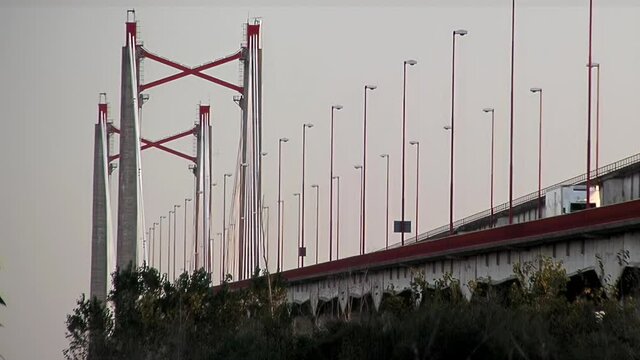 The Zarate Brazo Largo Bridge, two cable-stayed road and railway bridges crossing the Parana River, Entre Rios province, Argentina. 