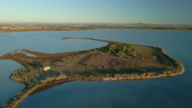 Aerial shot of Esclavon Island and the surrounding ponds with their varied fauna. In Maguelone, a village in the southeast of France.