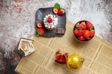 top view sweet cake with fruits on light background cake dessert color xmas biscuit