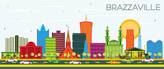 Obraz premium Brazzaville Republic of Congo City Skyline with Color Buildings and Blue Sky.