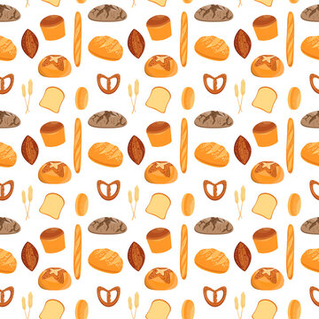 Seamless pattern with different bread and wheat spikelets on white background