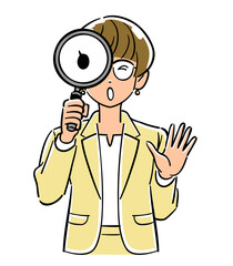 虫眼鏡を持つ、眼鏡をかけたビジネスウーマンの上半身
