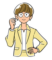 ガッツポーズする眼鏡をかけたビジネスウーマンの上半身
