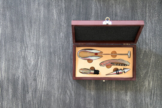 sommelier box with utensils for uncorking wine bottles, corkscrew