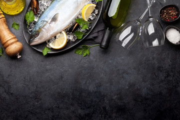 Raw fish cooking. Seafood and wine