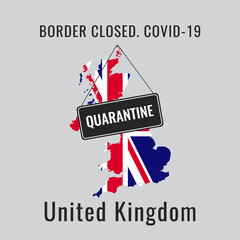 Obraz premium The United Kingdom is closed for coronavirus (covid-19) quarantine. The national flag of the United Kingdom in the form of a map and the 