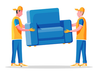 Delivery character man movers carry armchair. Two porters carry couch isolated. Moving company with loaders and furniture. Delivery and relocation service concept. Cartoon flat vector illustration