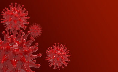 Red virus bacteria cells 3D render background image on red background. Flu, influenza, coronavirus model illustration. Covid-19 banner.