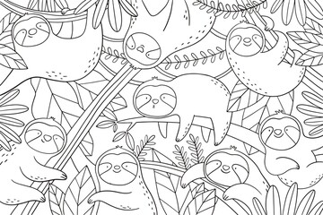 Cute cartoon character sloth/ Vector print with cute sloth bear in tropical leaves © NadezdaBarkova