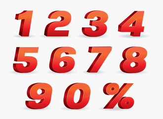 3D Vector  0, 1, 2, 3, 4, 5, 6, 7, 8, 9 Red color  numeral alphabet. 