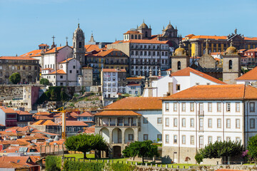 Fototapeta na wymiar Porto, Portugal old town ribeira aerial promenade view with colorful houses