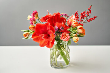 Bouquet 012. Finished flower arrangement in a vase for home. Flowers bunch, set for interior. Fresh...