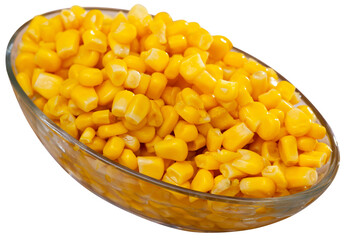 Cooked sweet corn kernels in bowl. Isolated over white background