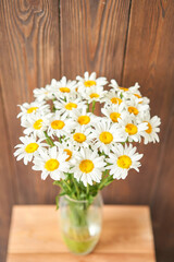 Daisy flowers in a vase . Summer background. Bouquet of camomiles present for Mothers Day. Photo of Flowers for a catalog of flower online store and delivery.