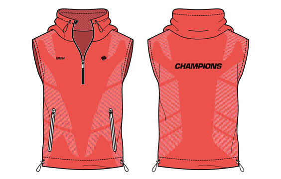 Sleeveless Hoodie Tank Top jacket, Sweatshirt vest design t-shirt template, sports jersey concept with front and back view for Men and women. Basketball, football, Rugby, training wear.